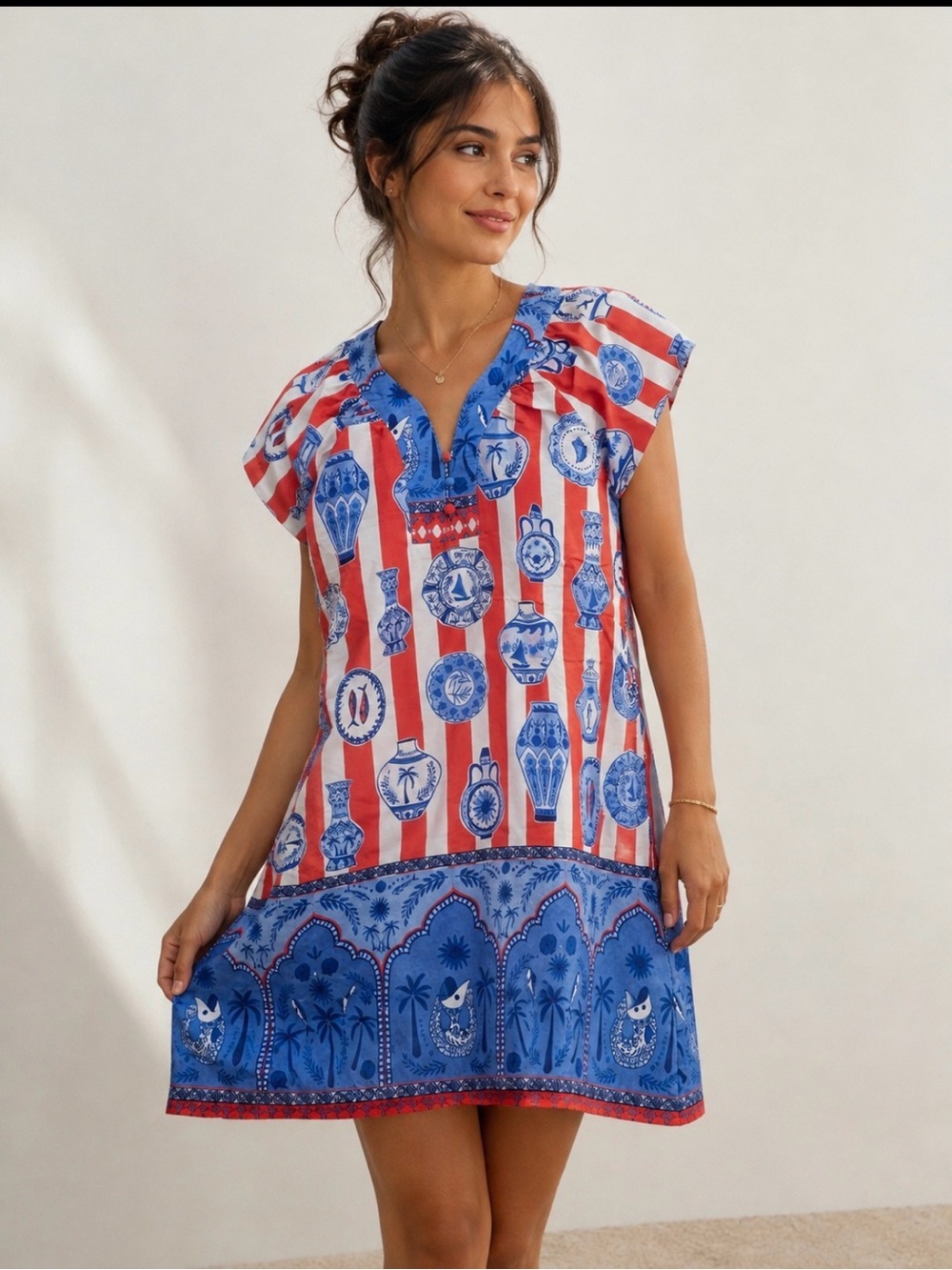 Printed Blue & Red Short Swim Cover-Up Dress